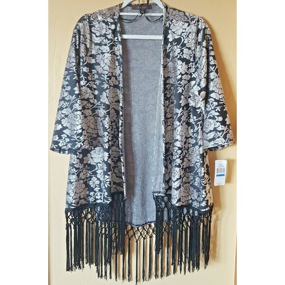 NWT FEVER Size XL Black White Floral Textured Duster Cardigan Fringe Boho - Picture 1 of 9